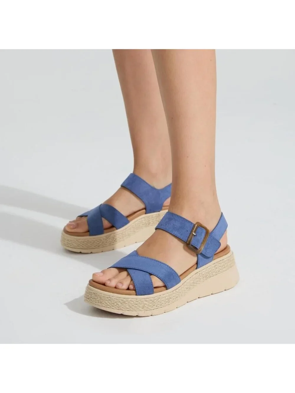 Womens Blue Comfortable Solid Espadrille Low Wedge Heel Platform Sandal Shoes